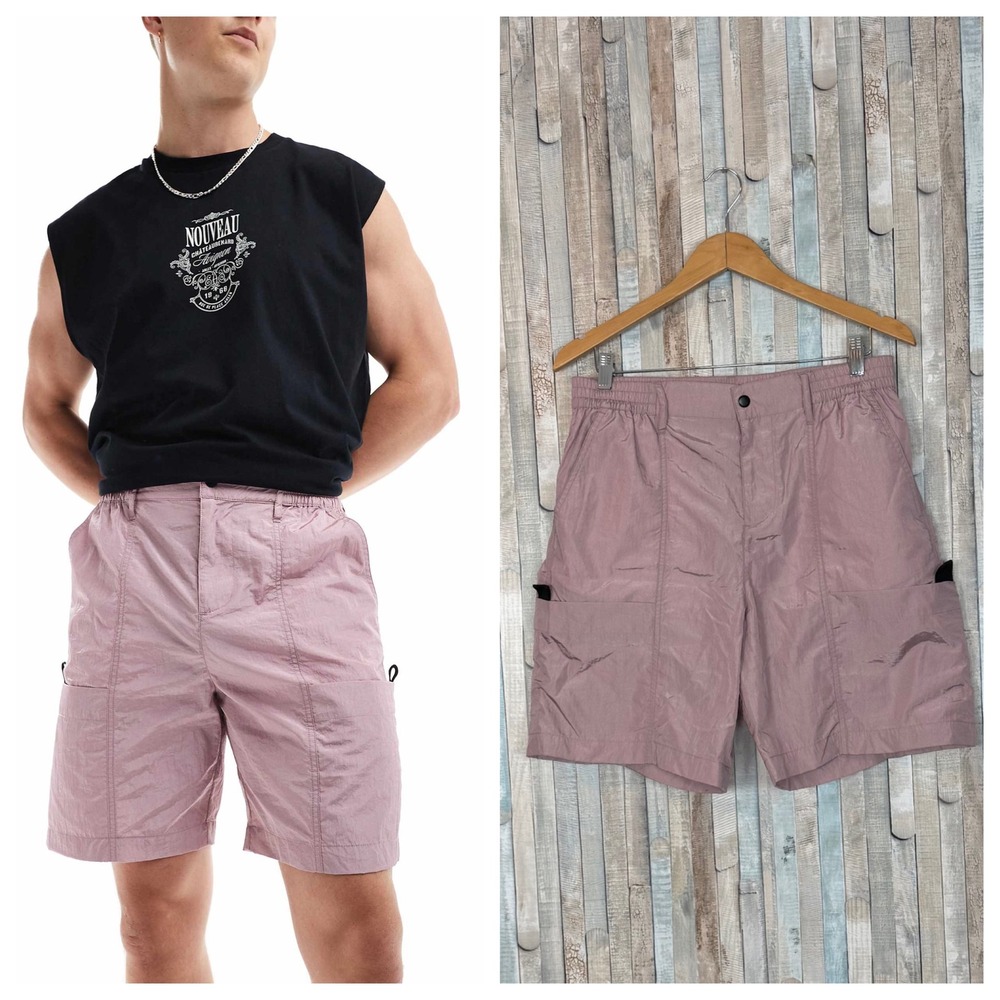 ASOS Mens Nylon Cargo Utility Shorts Shiny Iridescent Pink Fun Party Rave M